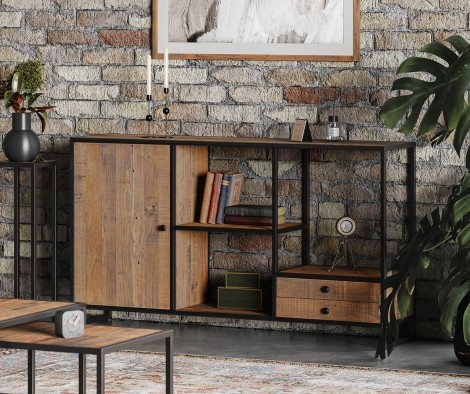 Ooki - Reclaimed - 2 Drawer & 1 Door - Funky Open Console Table - Laquer Finish - Steel Frame