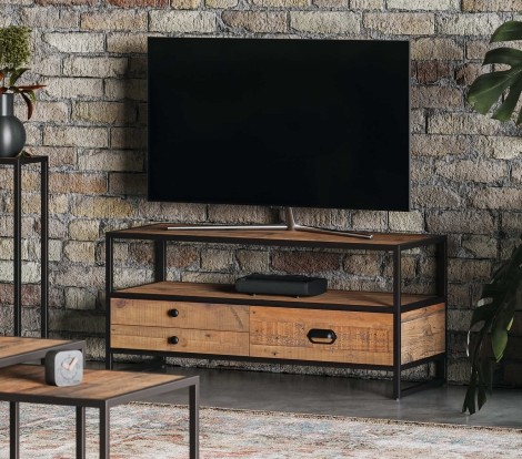 Ooki - Reclaimed - Rectangular - 3 Drawer - Widescreen Television Cabinet - Laquer Finish - Steel Frame