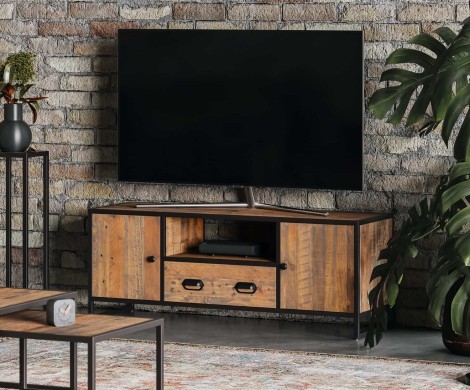 Ooki - Reclaimed - Rectangular - 2 Door & 1 Drawer - Large Television Cabinet - Laquer Finish - Steel Frame