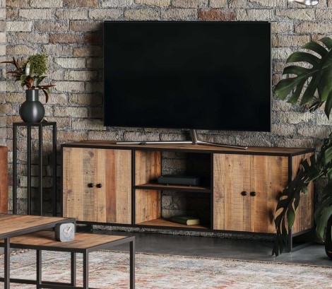 Ooki - Reclaimed - Rectangular - 4 Door - Extra Large Widescreen Television Cabinet - Laquer Finish - Steel Frame