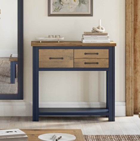 Splash Of Blue - Painted - Reclaimed - Small Console Table / Hall Table - 3 Drawer & 1 Lower Fixed Shelf