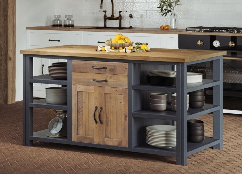 Splash Of Blue - Painted - Reclaimed - Kitchen Island with 6 Open Shelves - 4 Drawer & 4 Door