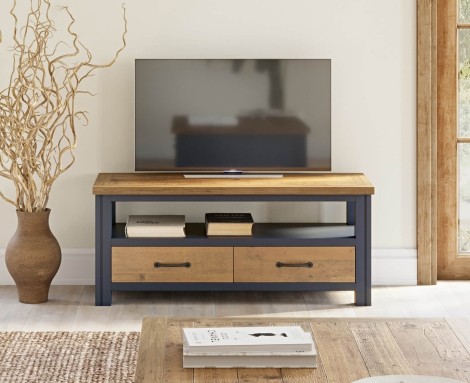 Splash Of Blue - Painted - Reclaimed - Large Widescreen Television Cabinet - 2 Drawer & 1 Open Shelf