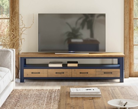 Splash Of Blue - Painted - Reclaimed - Super Large - Widescreen Television Cabinet - 4 Drawer & 1 Open Shelf