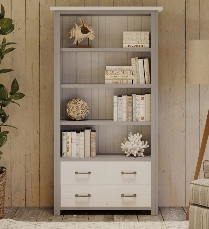 Greystone - Painted - Large Open Bookcase - Distressed White Top - 3 Drawer 4 Shelves