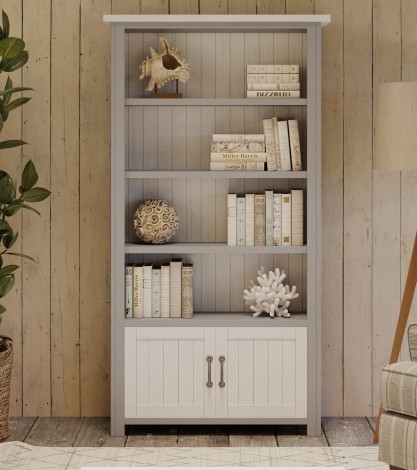 Greystone - Painted - Large Open Bookcase - Distressed White Top - 2 Door 4 Shelves