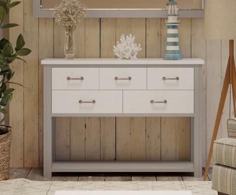 Greystone - Painted - Rectangular - Sideboard / Console Table with Shelf - Distressed White Top - 5 Drawer