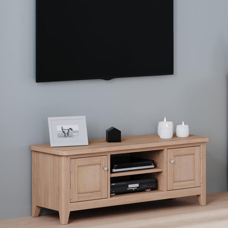 Arlena - Natural Oak 2 Door Open Shelf Wide TV Cabinet - Matte Lacquer Finish